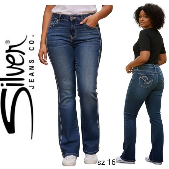 Silver Jean Co. Thick Stitched Embellished Pockets Twisted Blue Denim Jeans - Picture 1 of 14